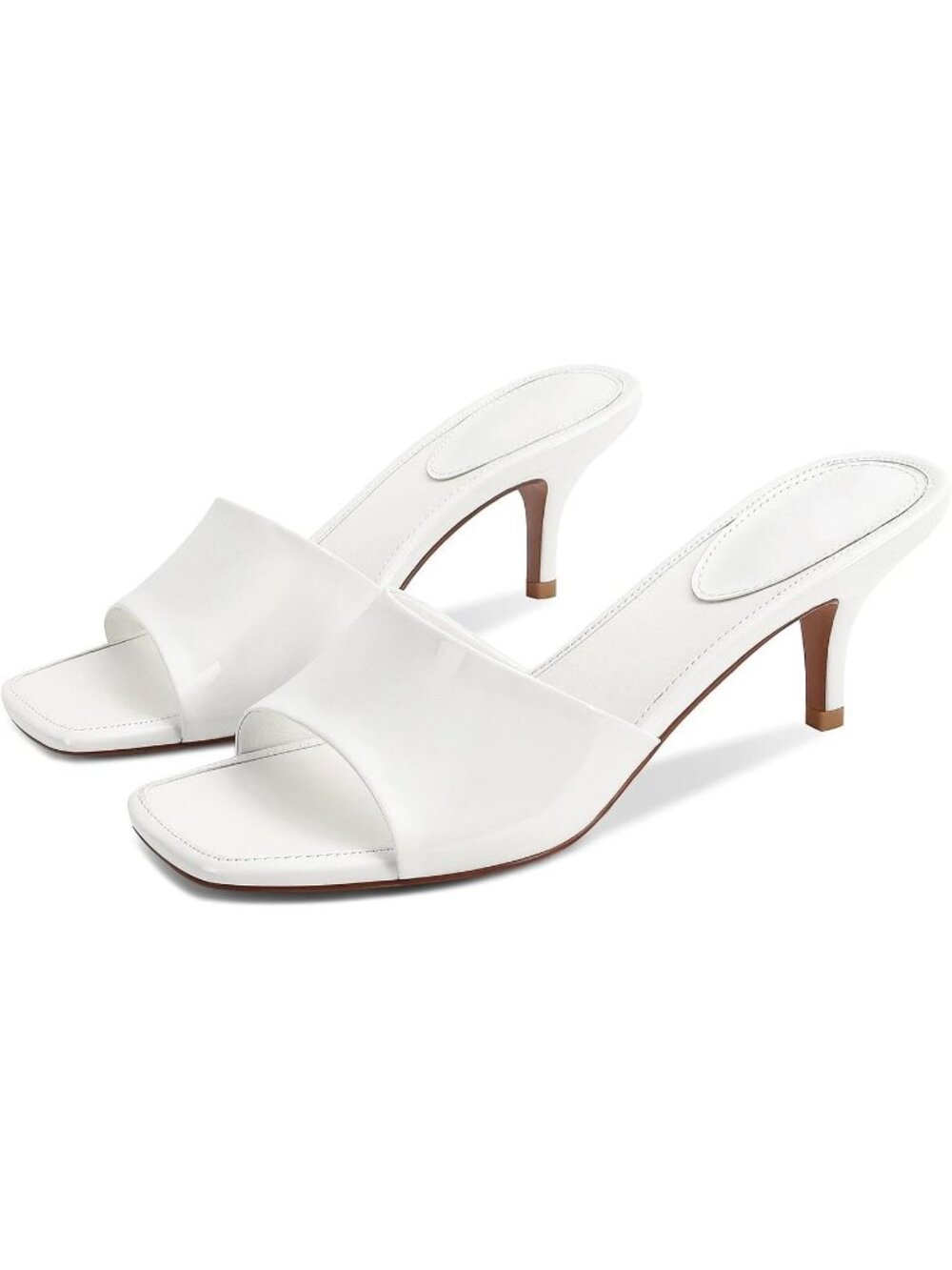 Women's White Leather Buckle Accent Square-Toe Kitten Stiletto Heel Mule Sandal